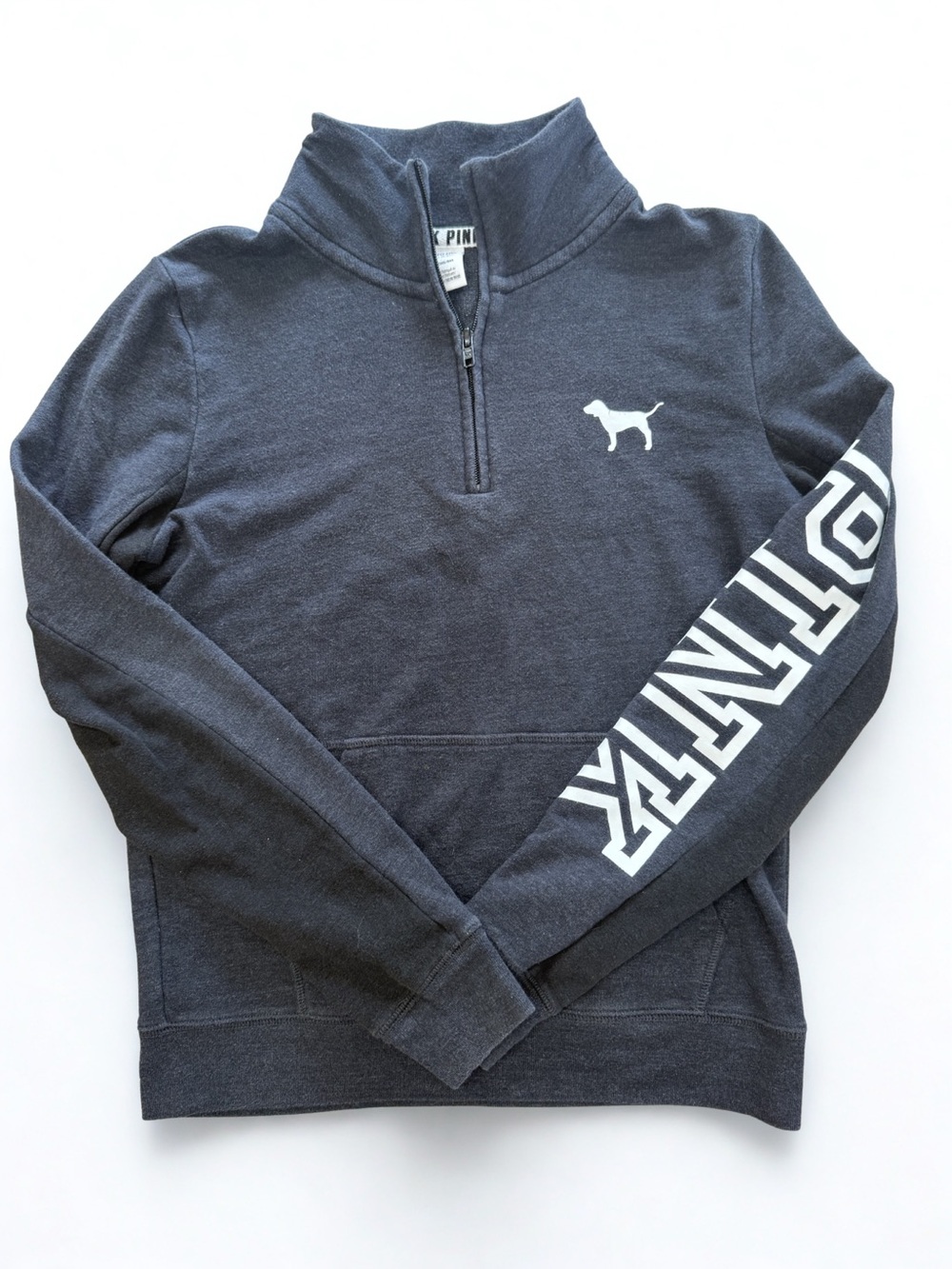 Victoria's Secret Pink Navy Charcoal Quarter-Zip Pullover with White Logo Y2K